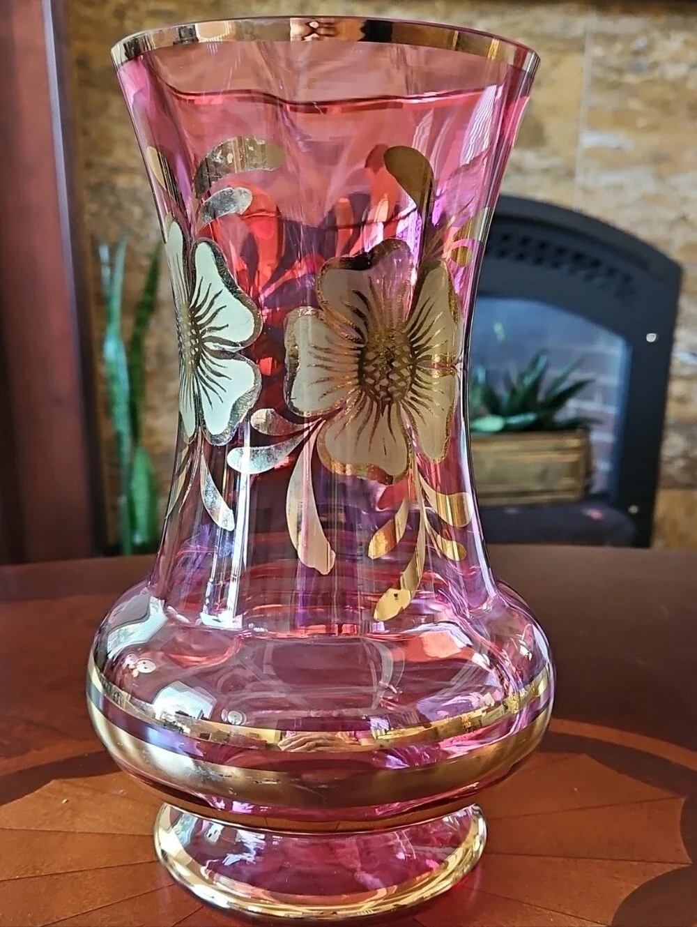Gorgeous Bohemian Cranberry Glass Vase Gold Floral Hand Painted Czech Art Glass